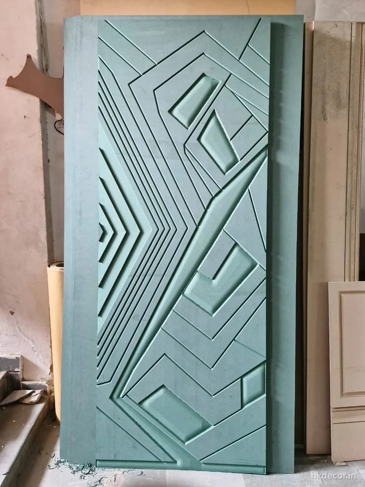 3D CNC carved HDHMR door with angular geometric relief cut across the full shutter face