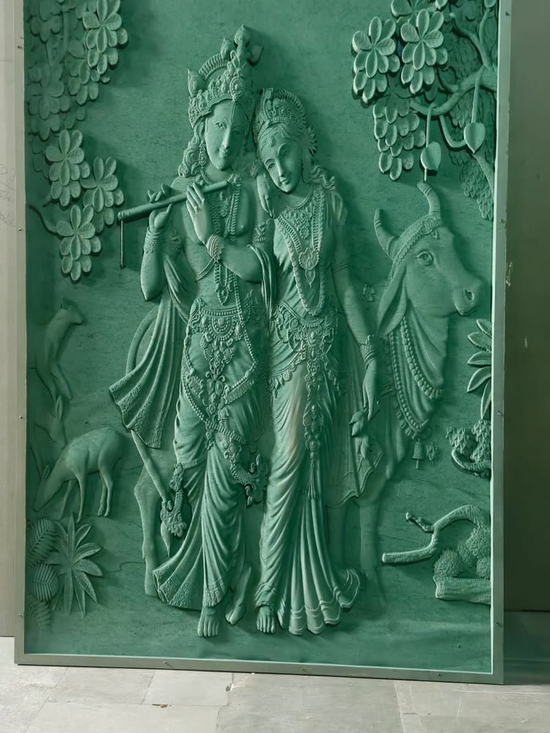 3D CNC carved Radha Krishna relief panel with a moulded border, primed MDF
