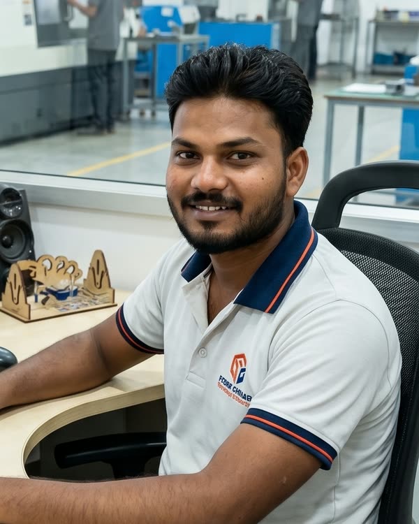 Rohit, designer at Dream3, at his CAD workstation with the CNC machines behind